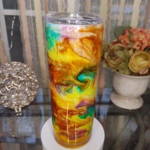 Handcrafted Tumbler Yellow Green Glitter Stainless Steel with Straw 20oz Skinny